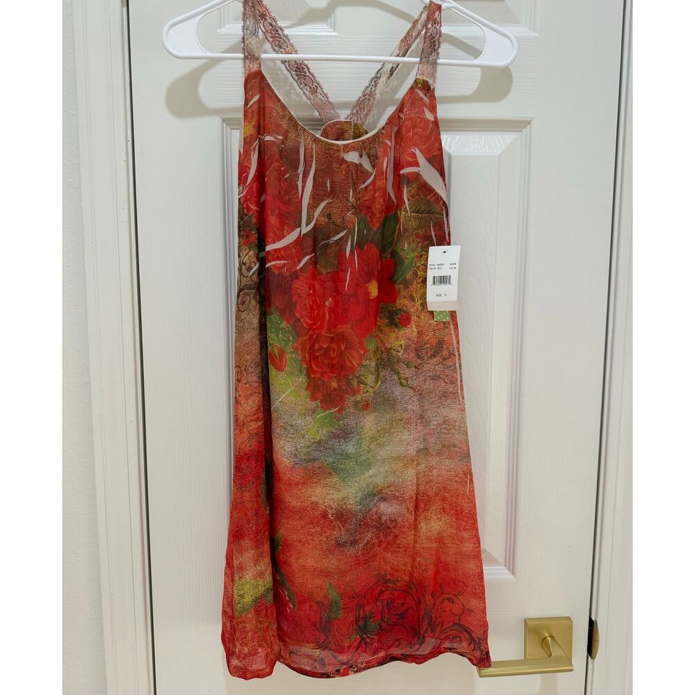 NWT Y2K Johnny Martin Red Green Rose Print Lace Strap Tank Mini Dress Juniors 3
